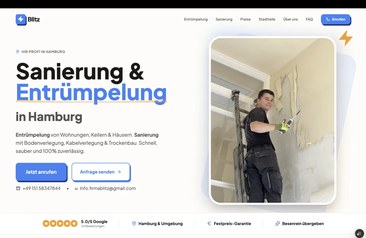 Website für Blitz Hamburg, Handwerksbetrieb
